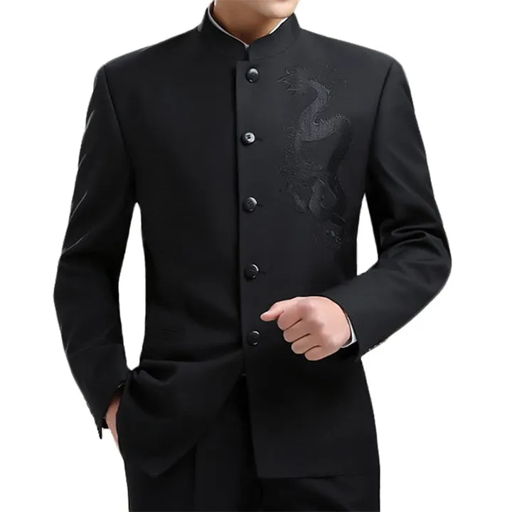 Dragon Embroidery Men Chinese Style Tunic Suit Jacket Mandarin Stand Collar New  Kung Fu Uniform Coat Single Breasted Black