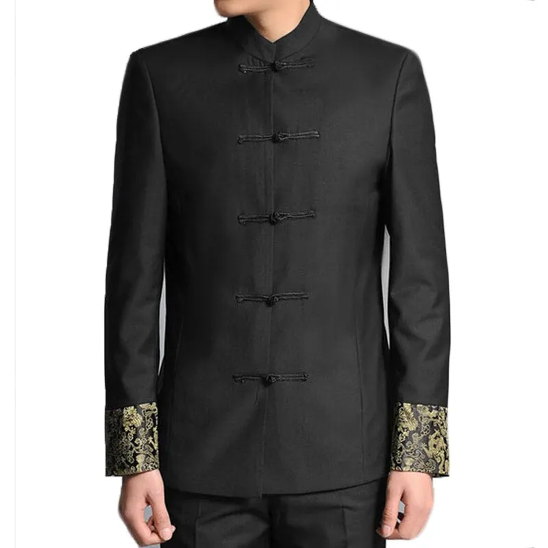 Dragon Embroidery Men Chinese Style Tunic Suit Jacket Mandarin Stand Collar New  Kung Fu Uniform Coat Single Breasted Black