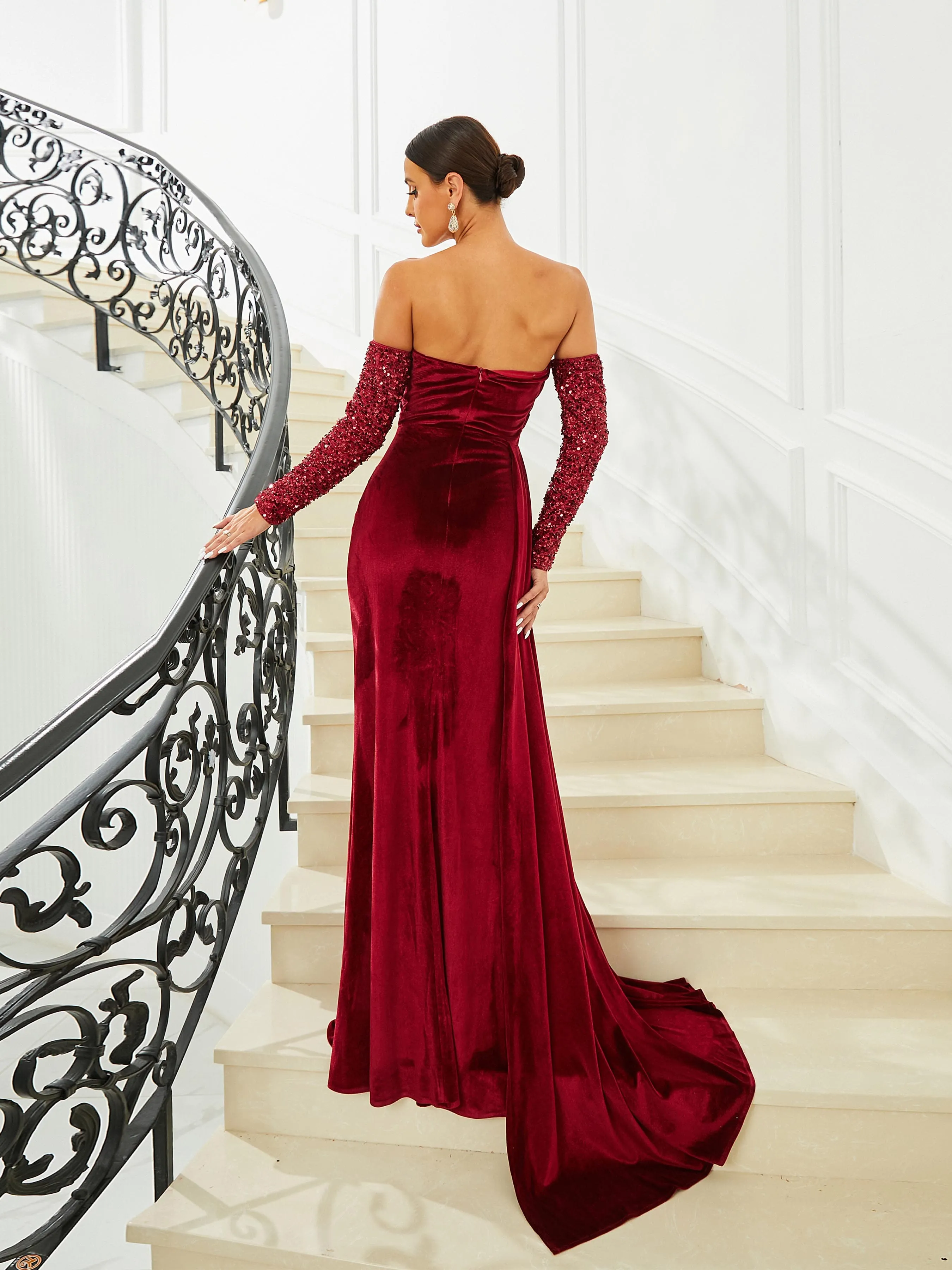 Draped Panel Ruched Wine Velvet Prom Dress RM20703