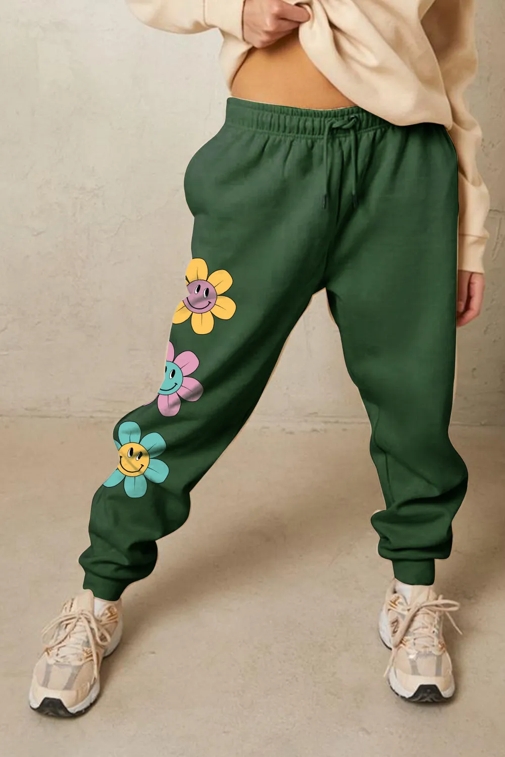 Drawstring Flower Graphic Long Sweatpants