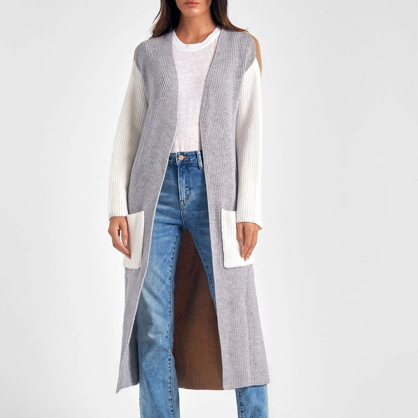 Elan Grey Color Block Long Cardigan