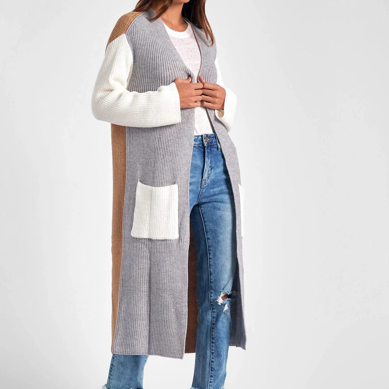 Elan Grey Color Block Long Cardigan