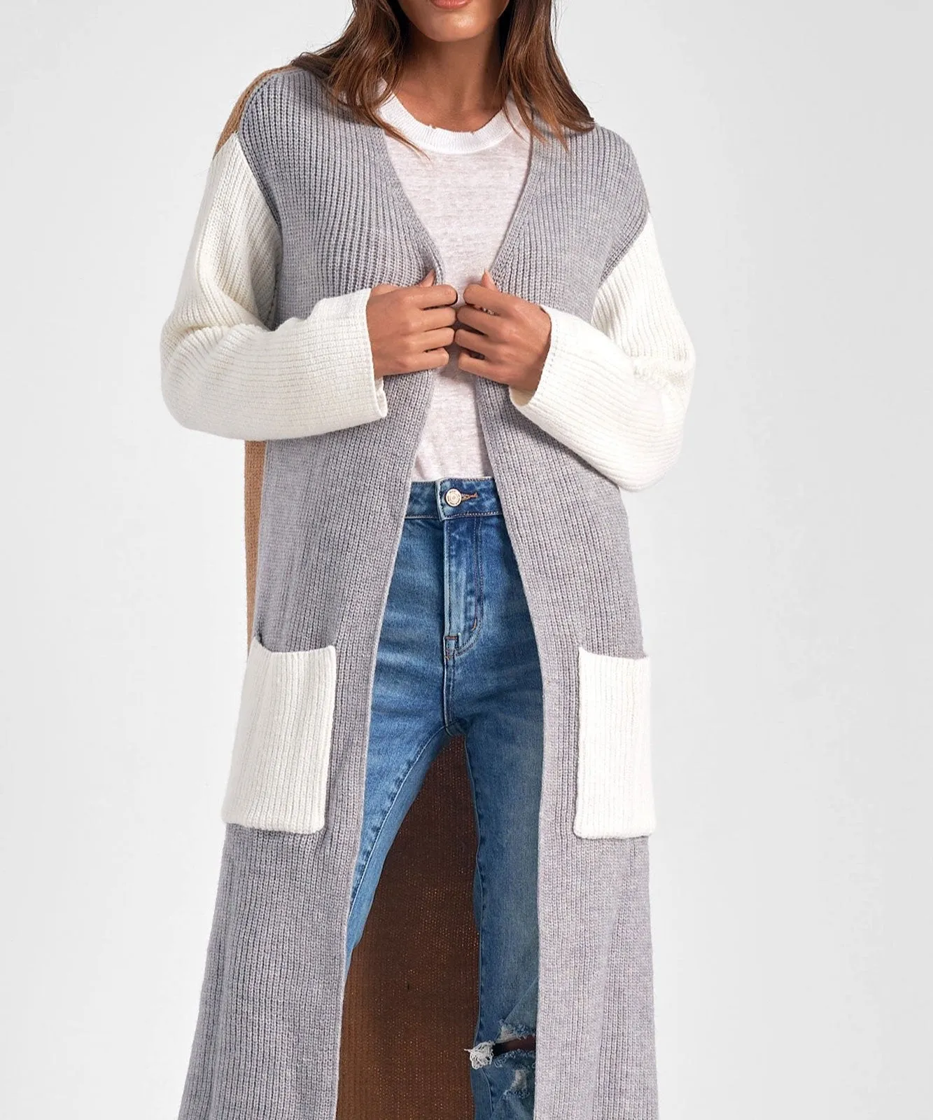 Elan Grey Color Block Long Cardigan