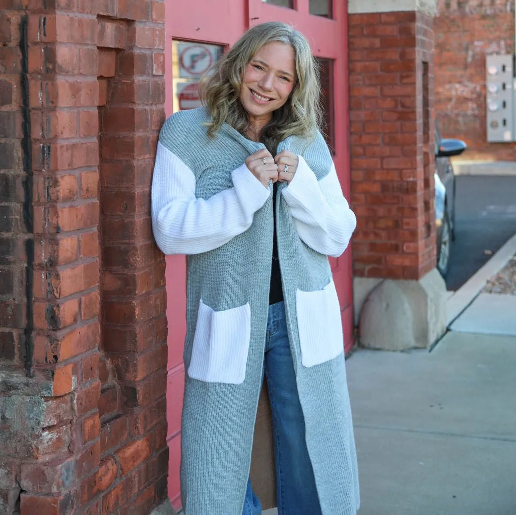 Elan Grey Color Block Long Cardigan