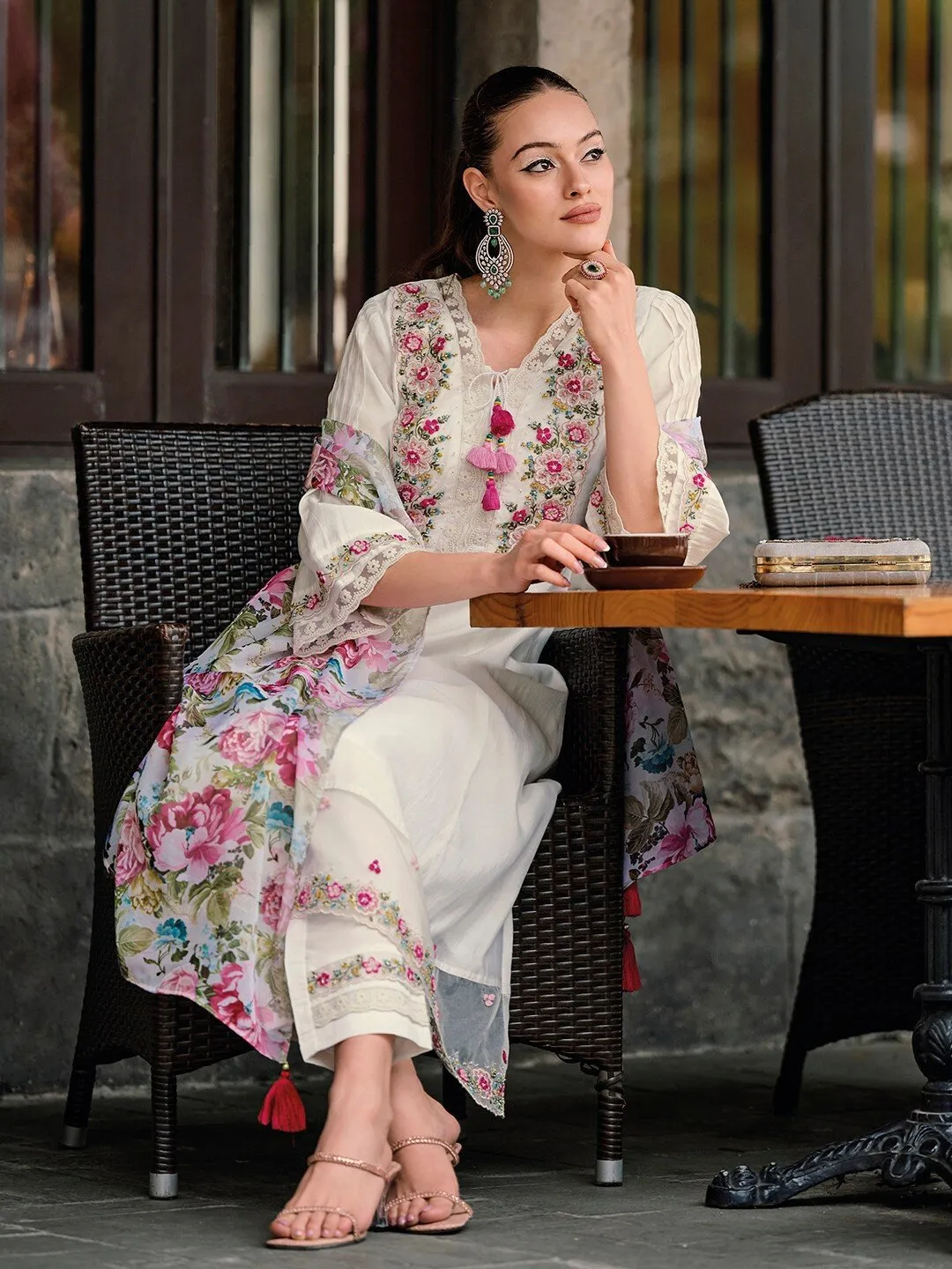 Elegant Floral Embroidered Thread Work A-Line Kurta with Trousers & Dupatta - White, Pink & Blue