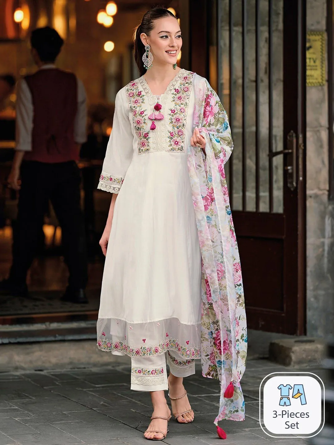 Elegant Floral Embroidered Thread Work A-Line Kurta with Trousers & Dupatta - White, Pink & Blue