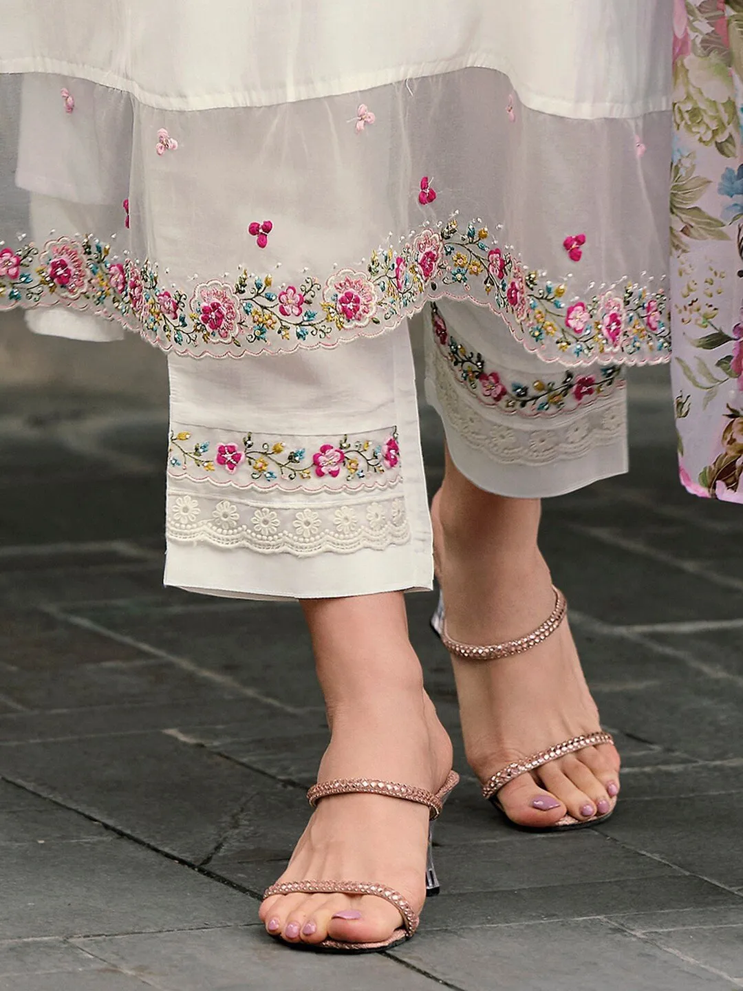 Elegant Floral Embroidered Thread Work A-Line Kurta with Trousers & Dupatta - White, Pink & Blue