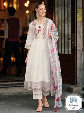 Elegant Floral Embroidered Thread Work A-Line Kurta with Trousers & Dupatta - White, Pink & Blue