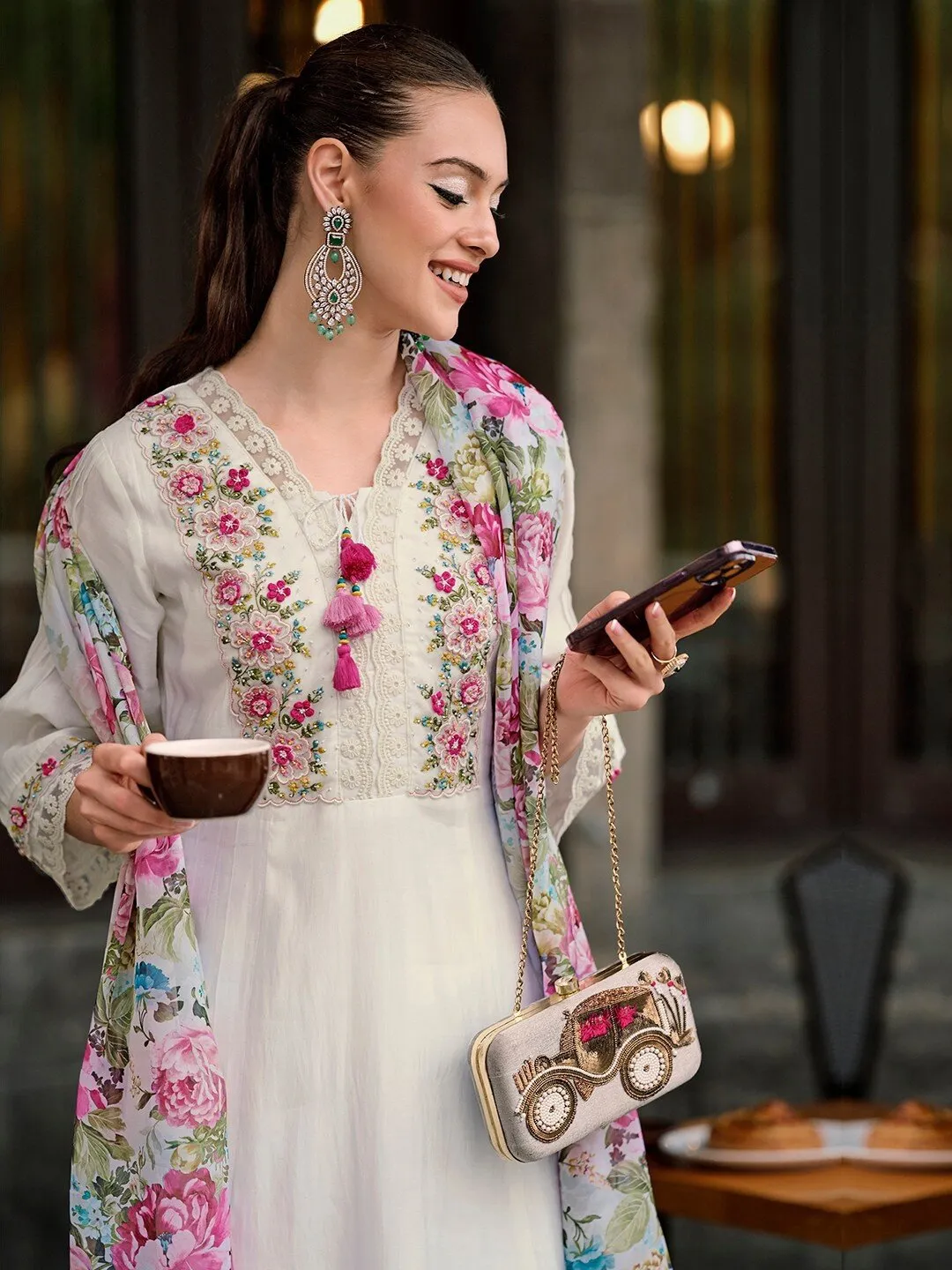 Elegant Floral Embroidered Thread Work A-Line Kurta with Trousers & Dupatta - White, Pink & Blue