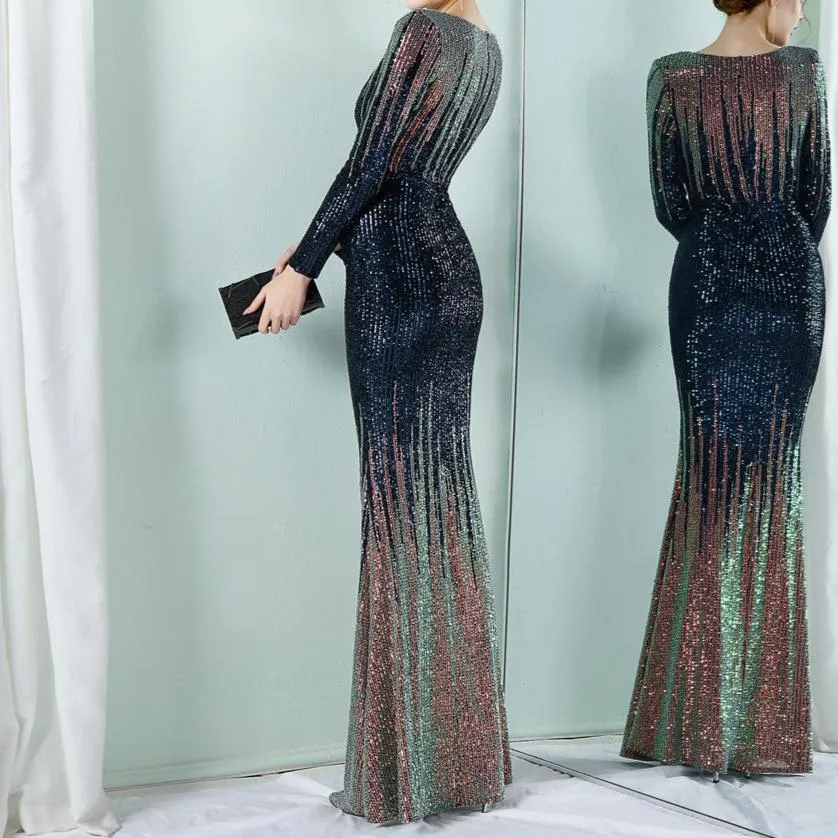 Eliza Gradient Sequin Evening Maxi Dress