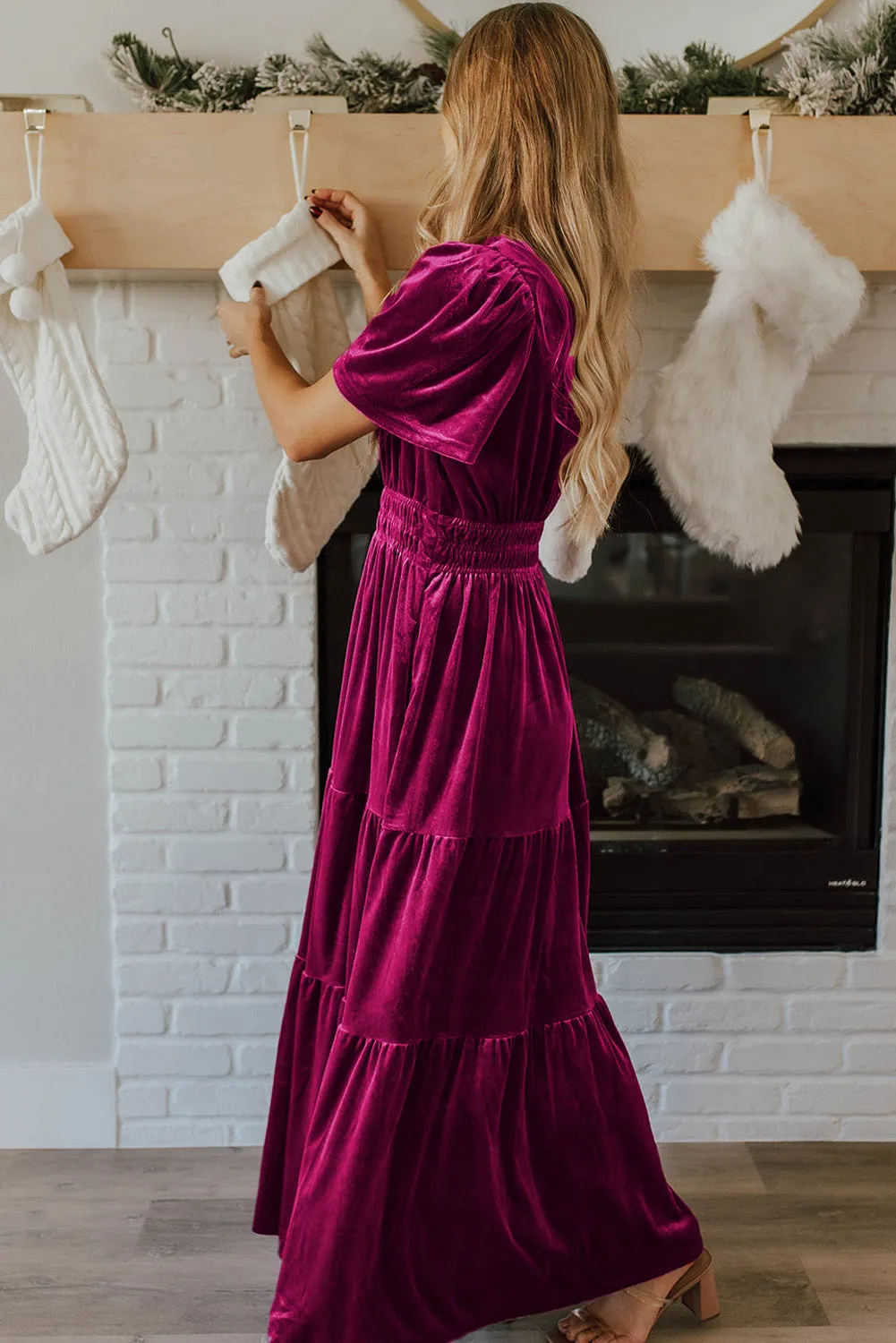 Evergreen Velvet Puff Short Sleeve Smocked Waist Tiered Maxi Dress