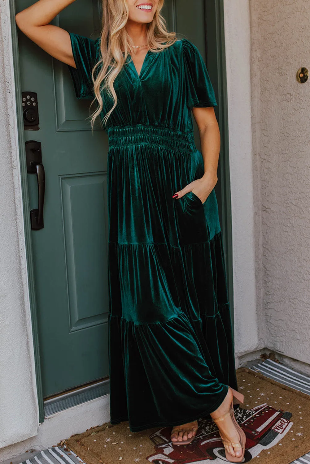 Evergreen Velvet Puff Short Sleeve Smocked Waist Tiered Maxi Dress