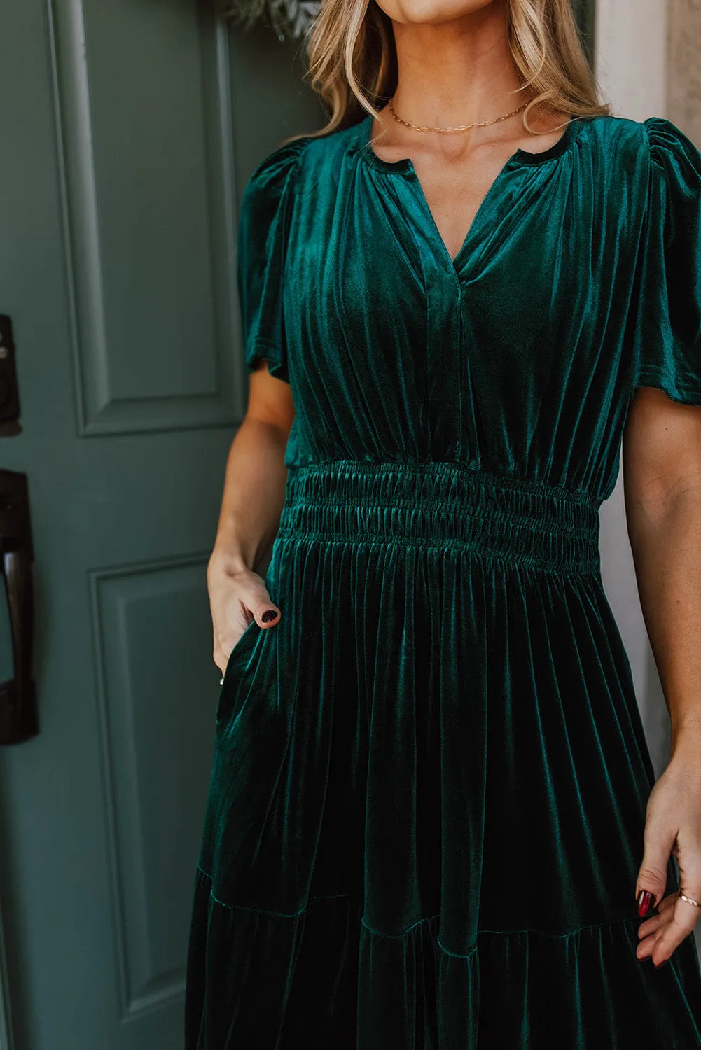 Evergreen Velvet Puff Short Sleeve Smocked Waist Tiered Maxi Dress