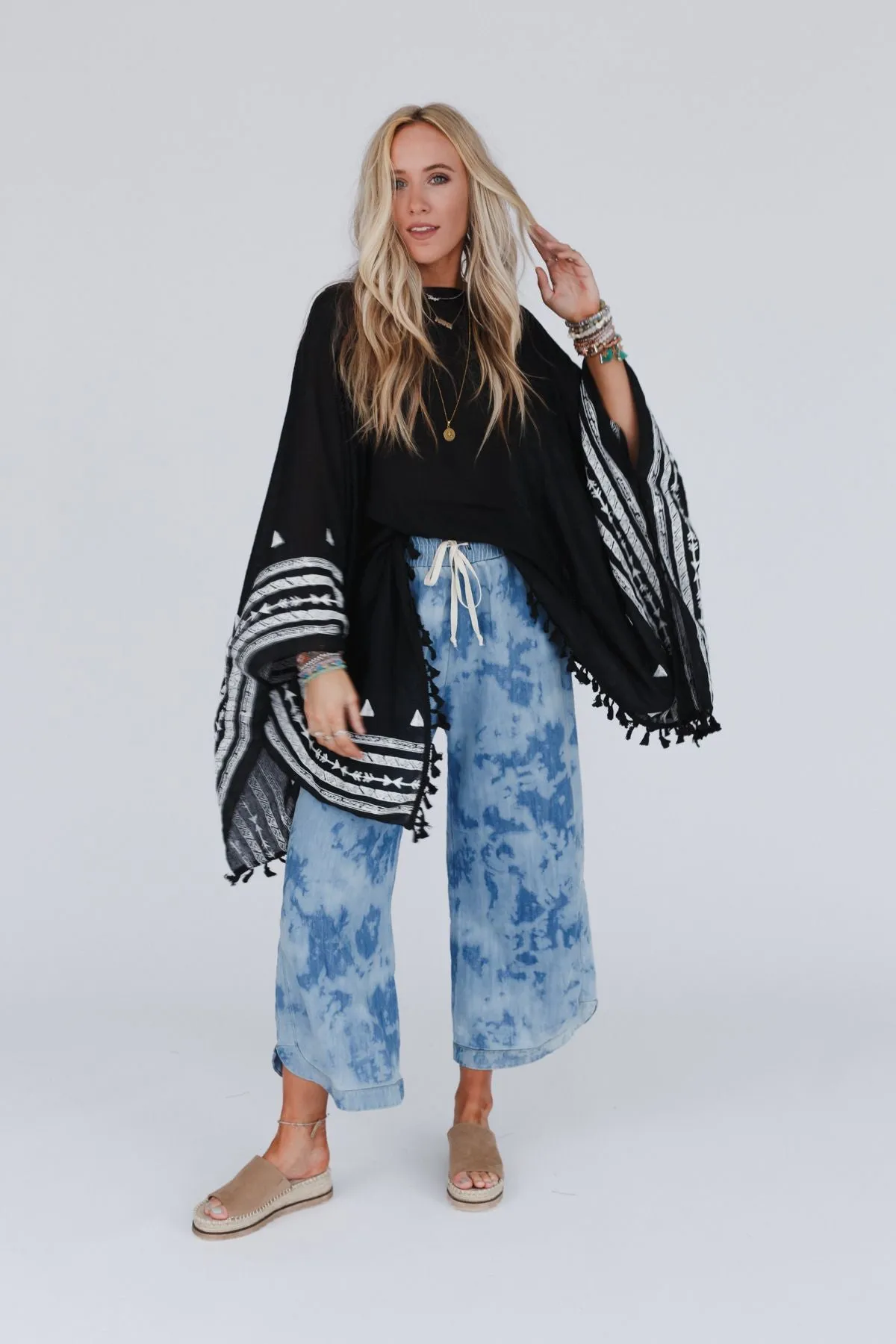 Fallon Embroidered Sleeve Tassel Poncho - Black