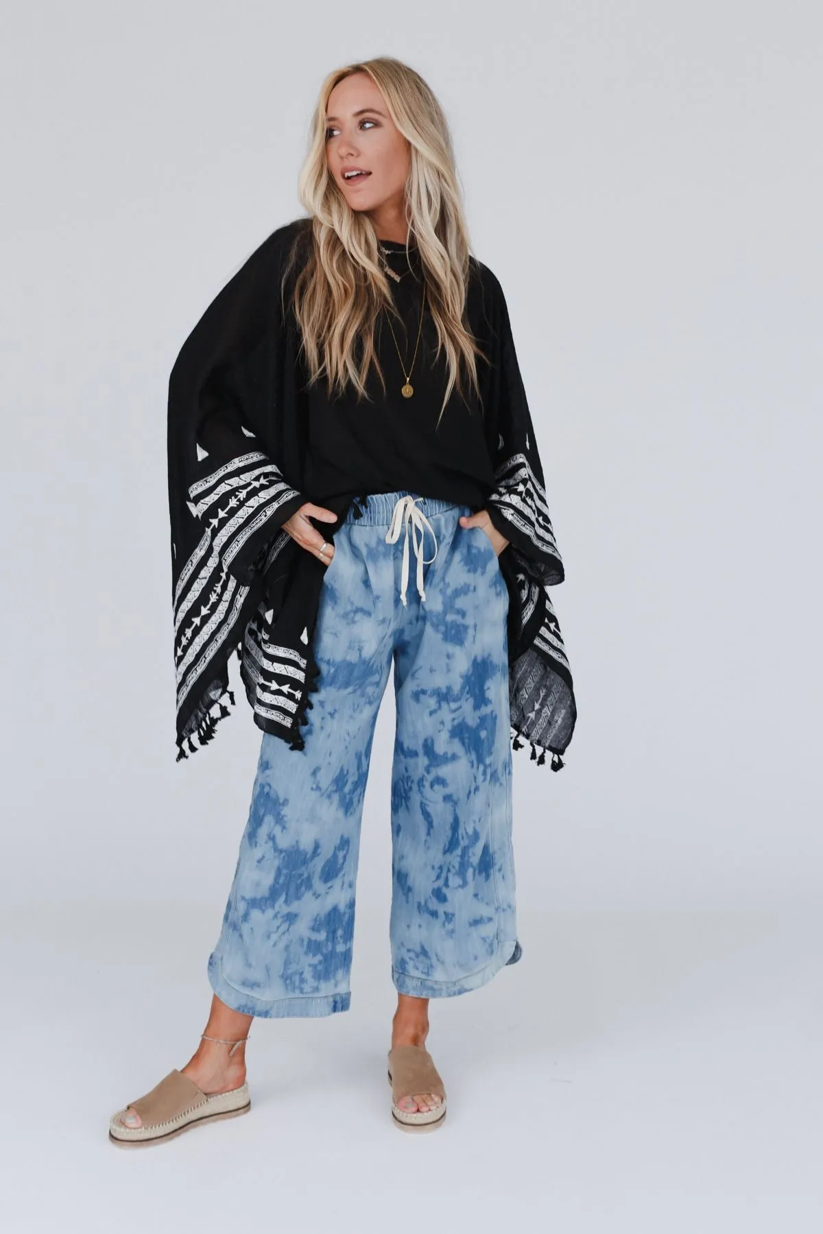 Fallon Embroidered Sleeve Tassel Poncho - Black