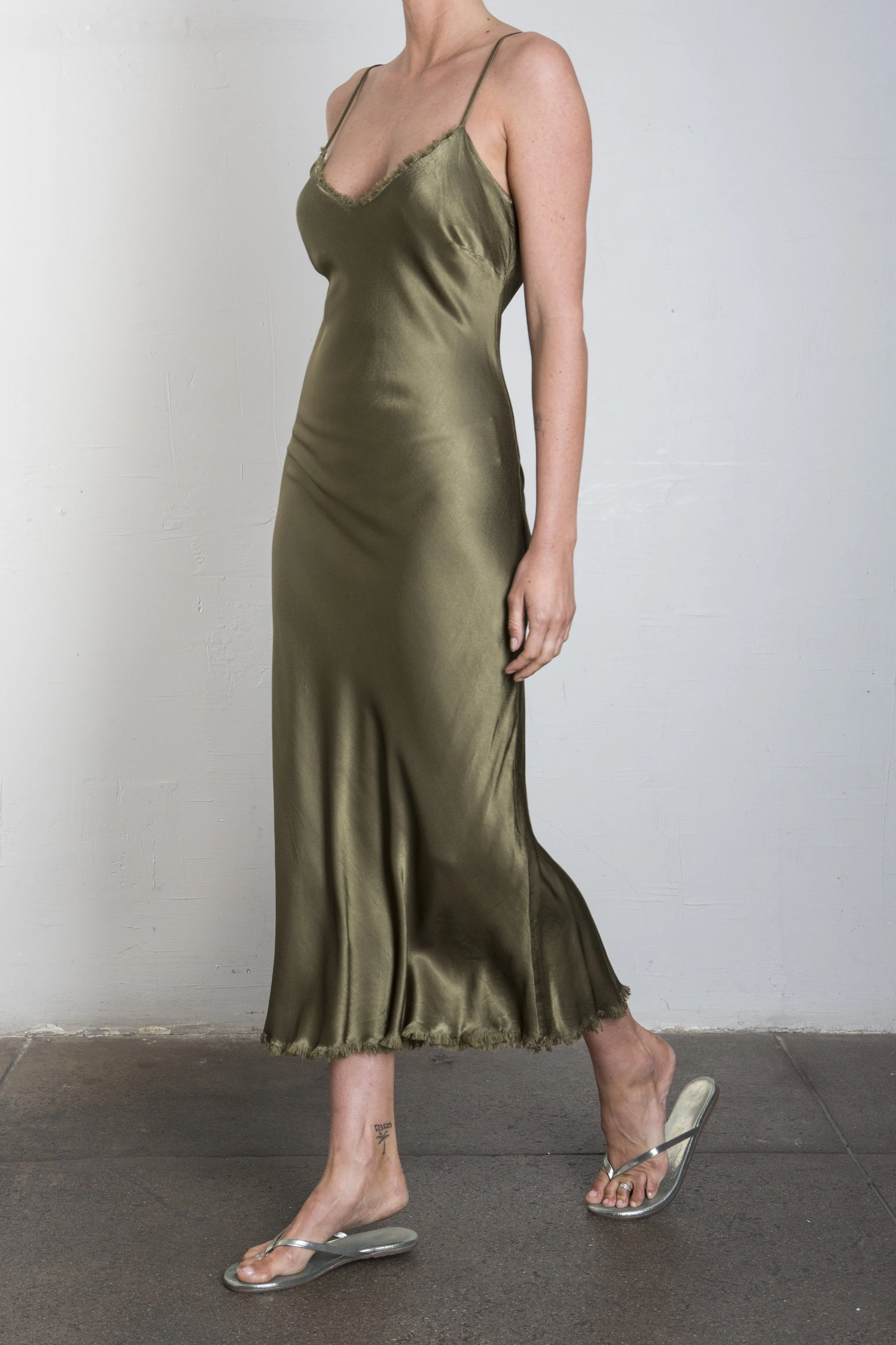 Farrah Slip Dress in Vintage Satin - Olive