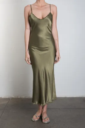 Farrah Slip Dress in Vintage Satin - Olive