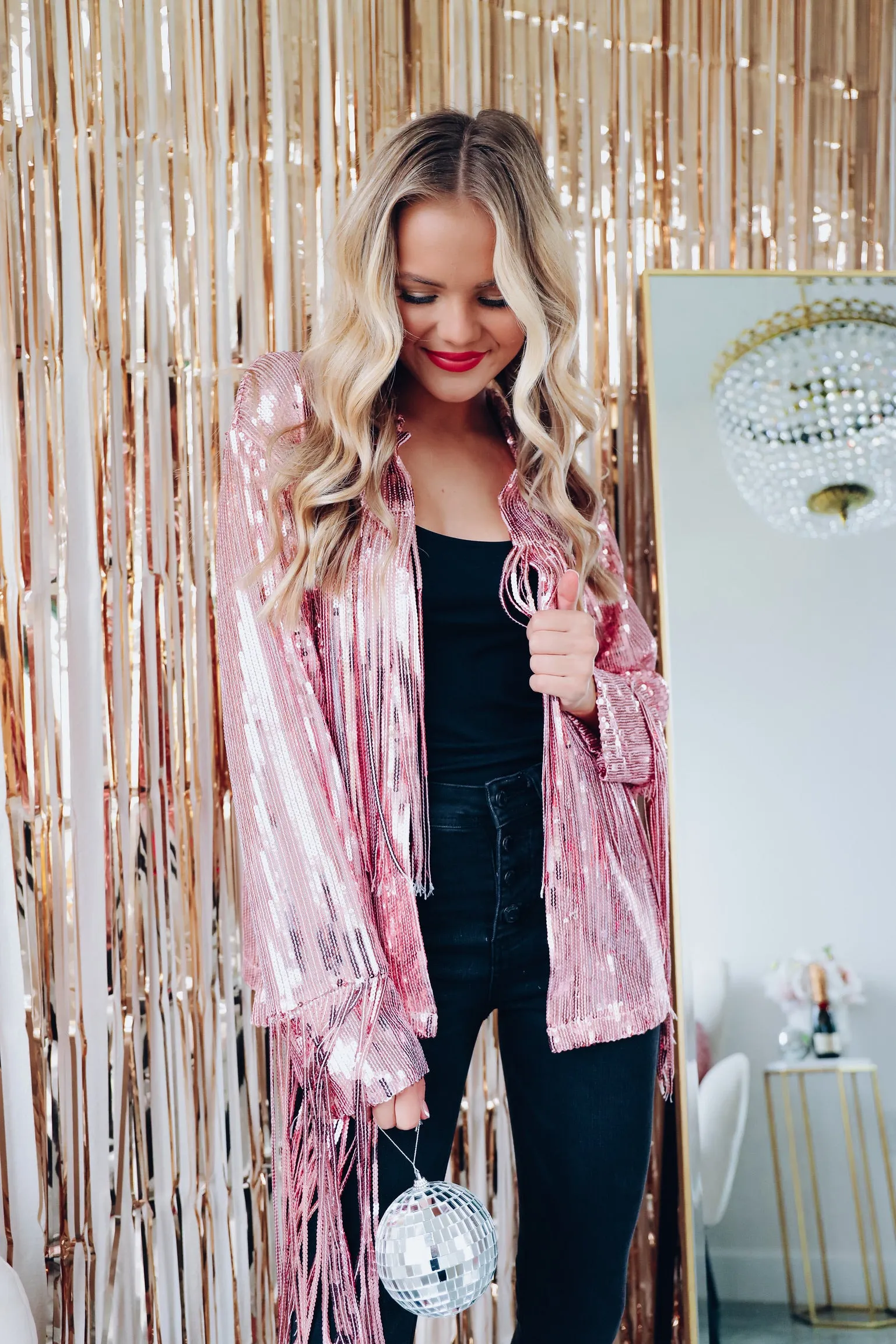 Fashionista Fringe Sequin Shacket - Pink