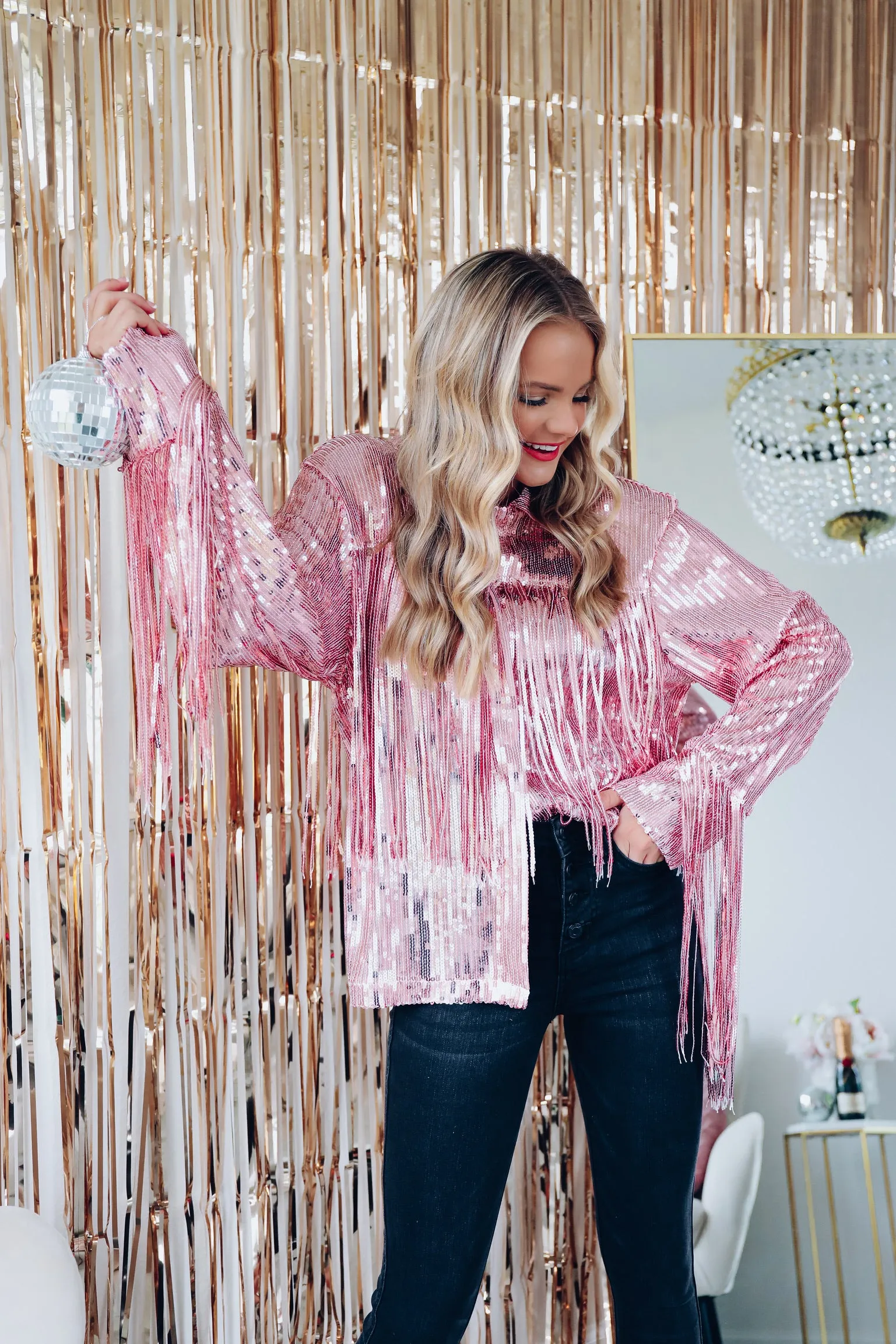 Fashionista Fringe Sequin Shacket - Pink