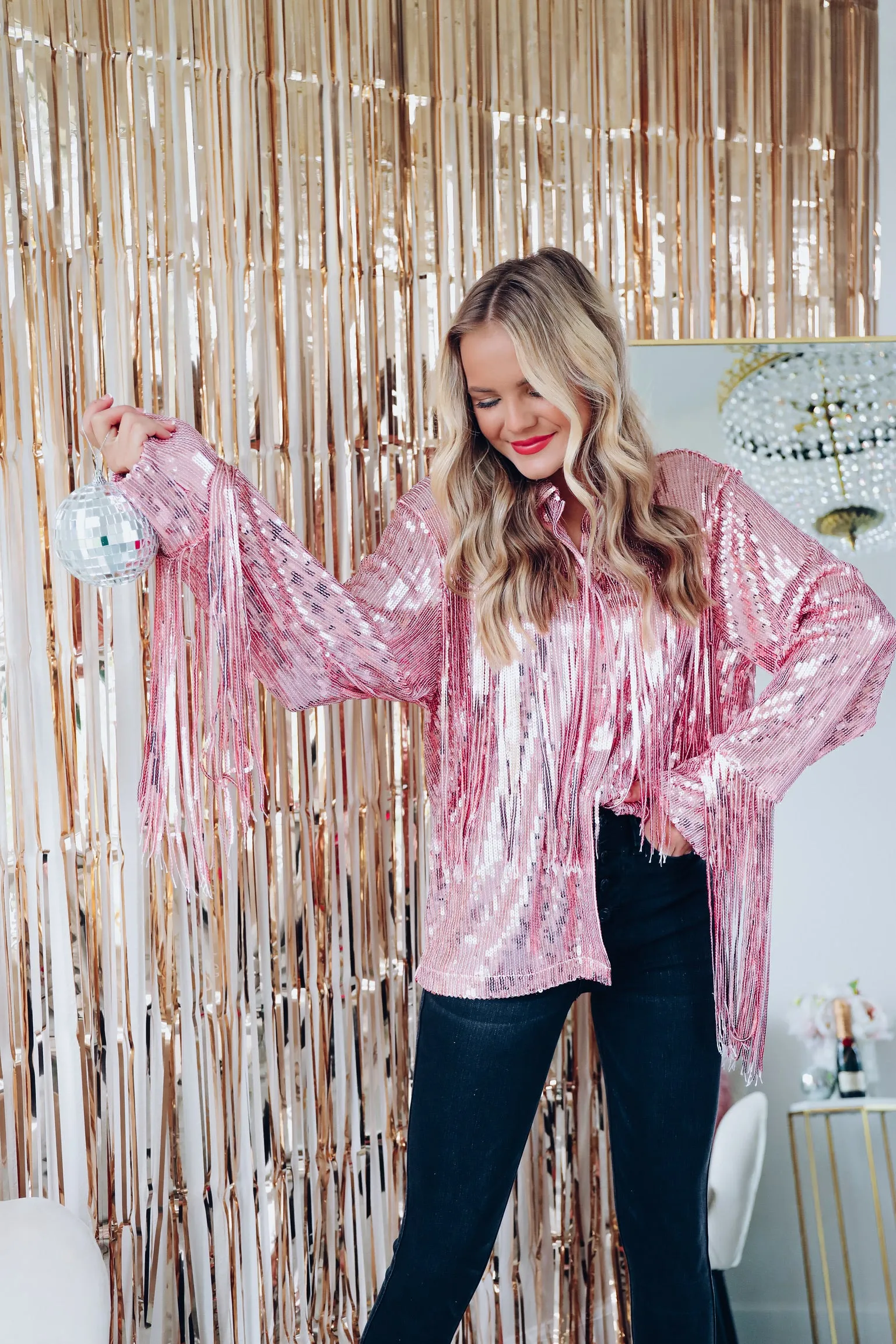 Fashionista Fringe Sequin Shacket - Pink