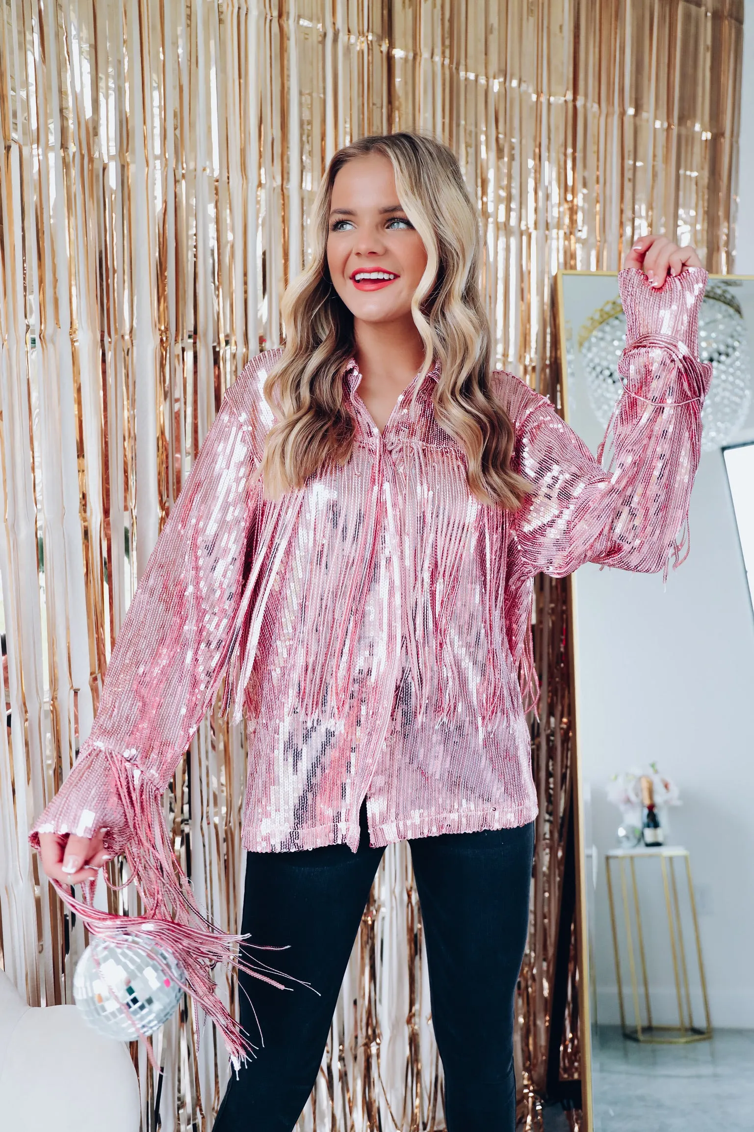 Fashionista Fringe Sequin Shacket - Pink