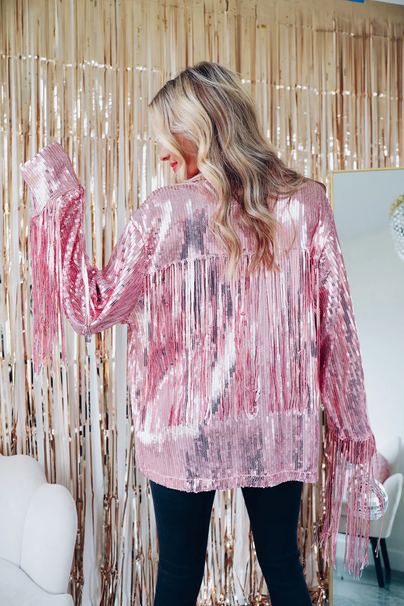 Fashionista Fringe Sequin Shacket - Pink