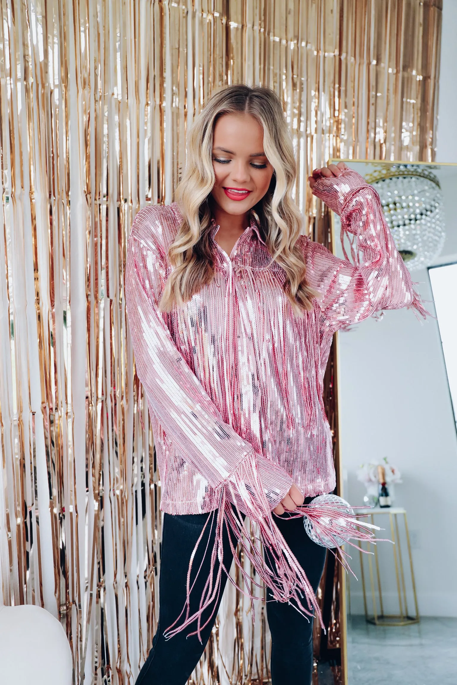 Fashionista Fringe Sequin Shacket - Pink