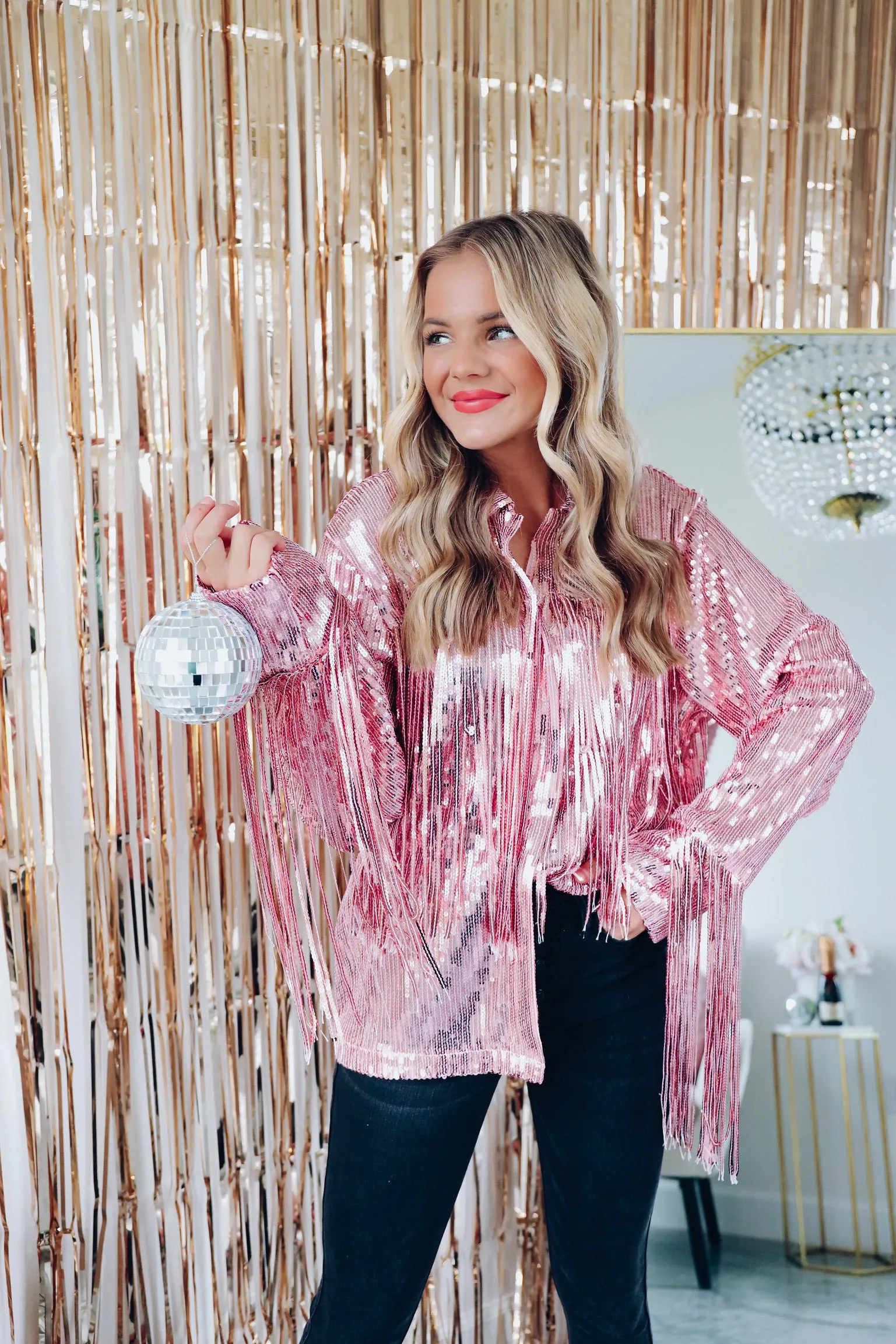 Fashionista Fringe Sequin Shacket - Pink