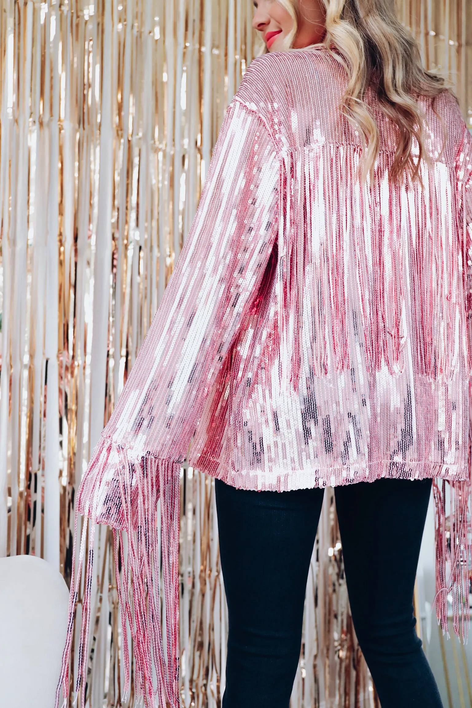 Fashionista Fringe Sequin Shacket - Pink