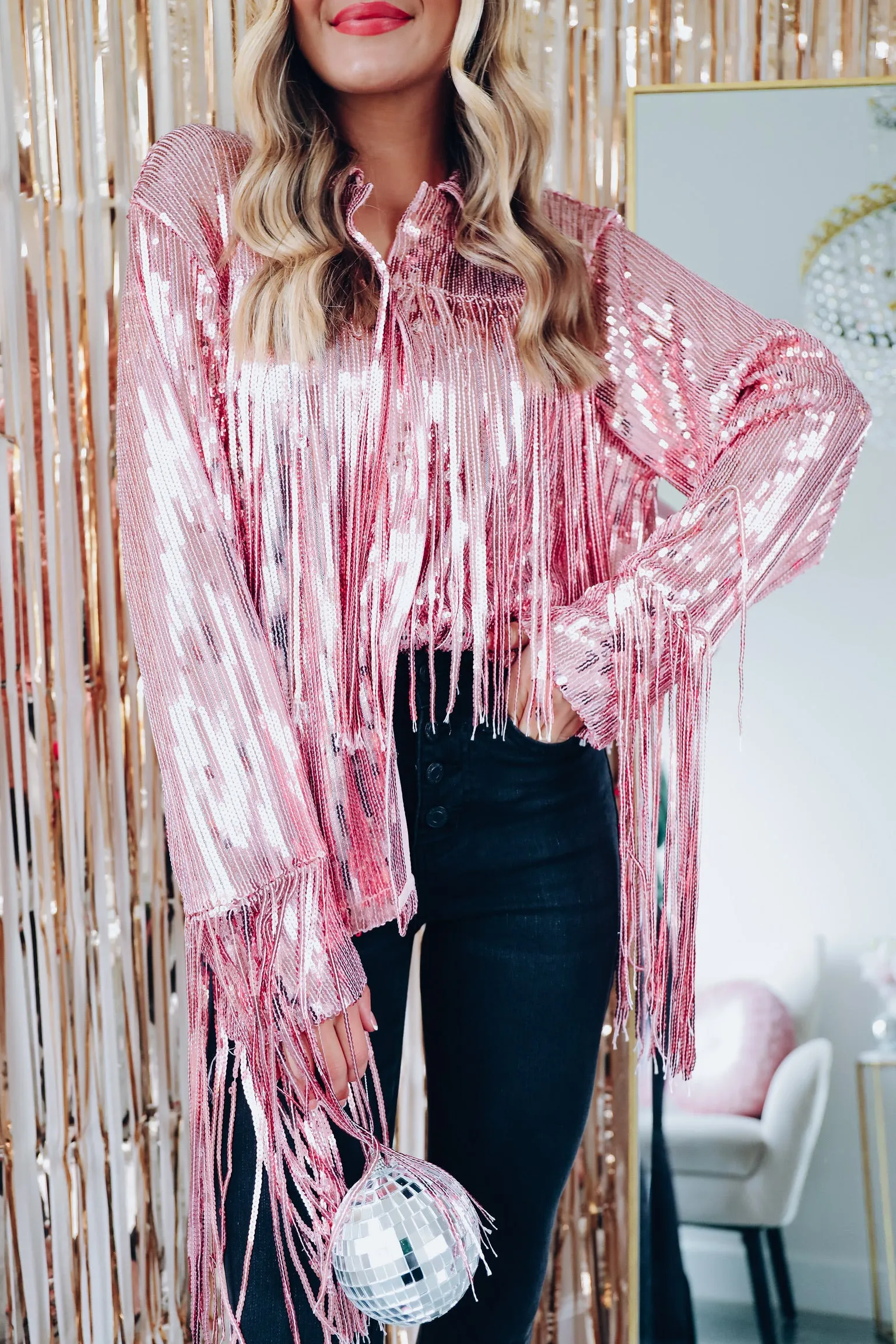 Fashionista Fringe Sequin Shacket - Pink