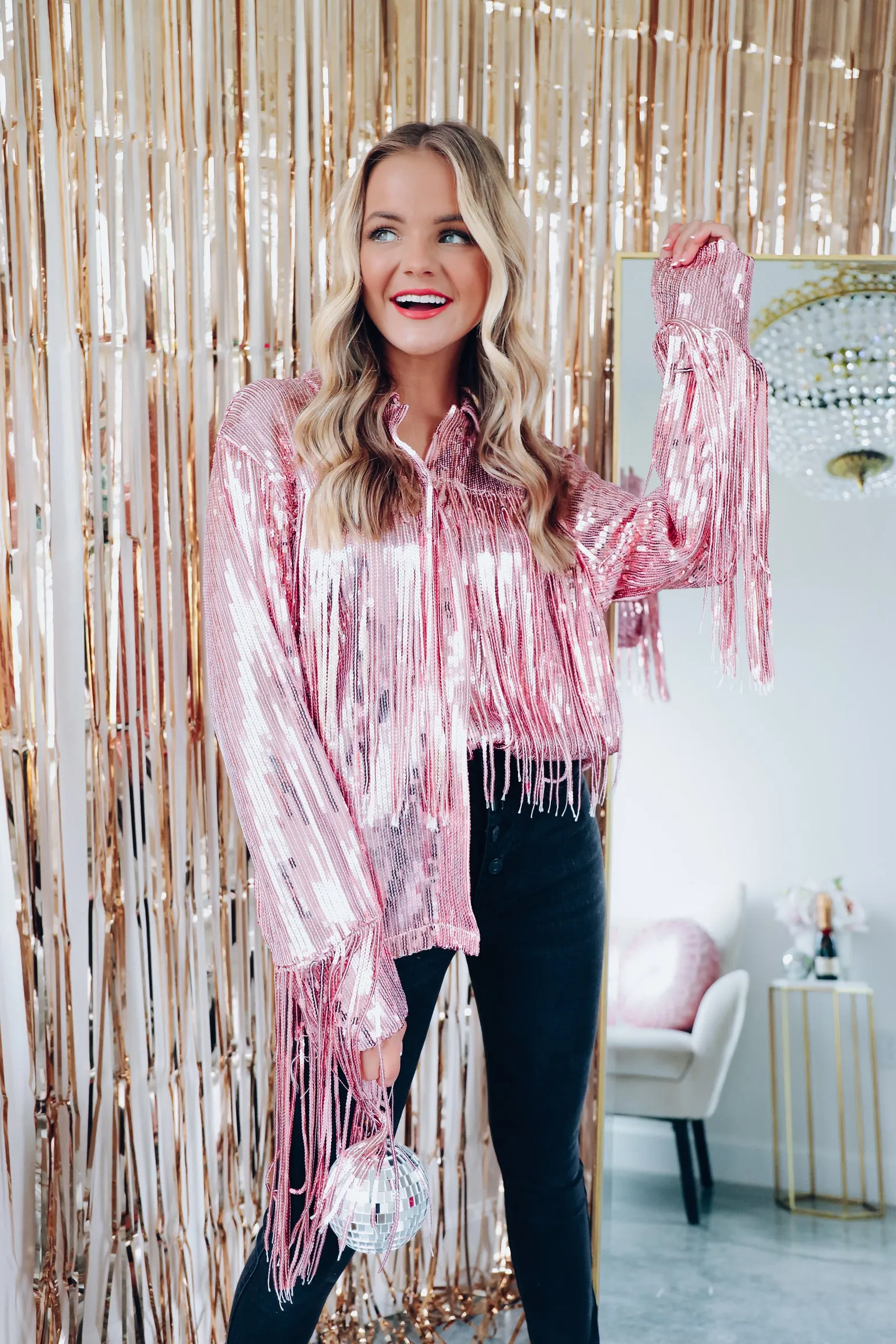 Fashionista Fringe Sequin Shacket - Pink