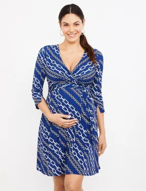 Faux Wrap Maternity Dress in Navy Print