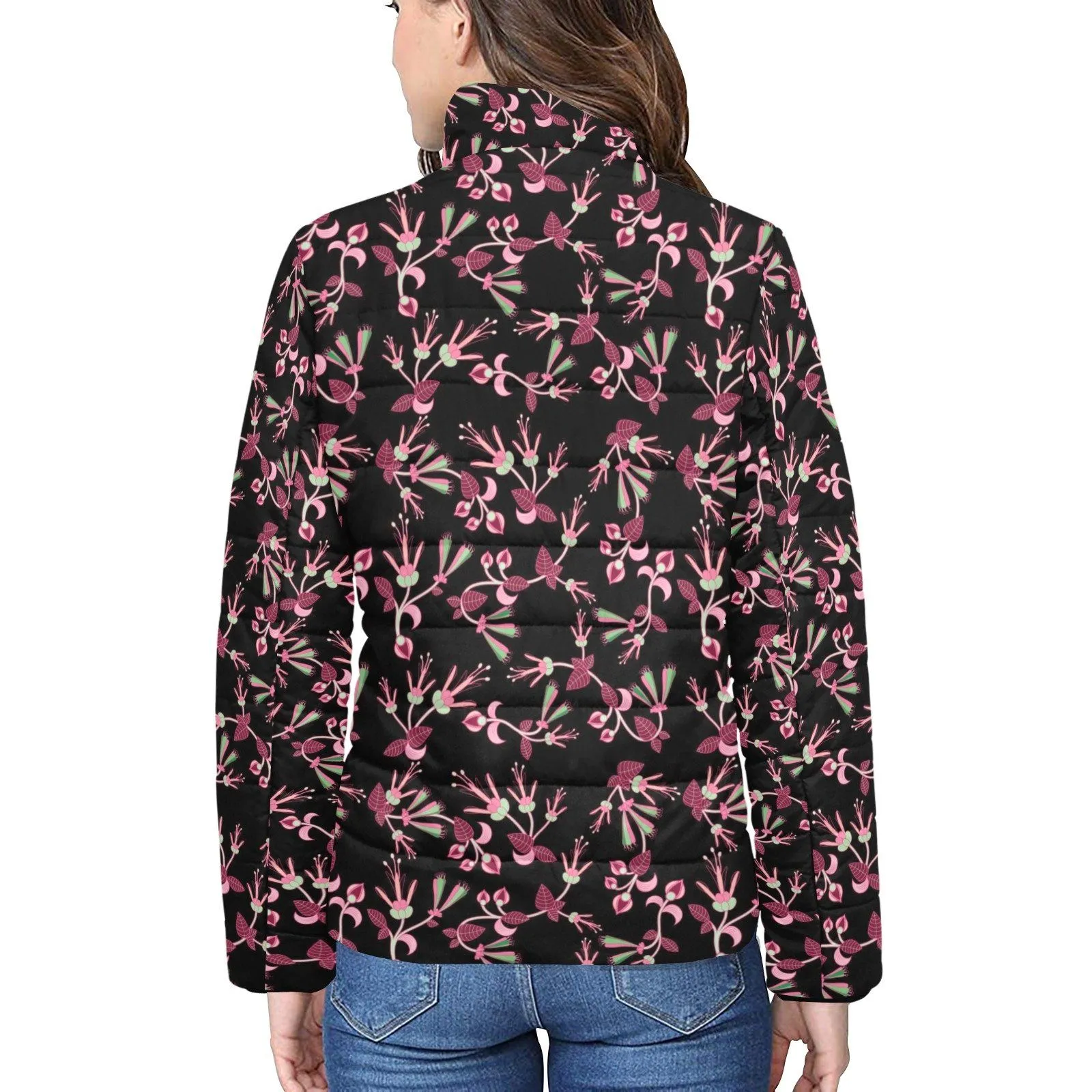 Floral Green Black Women's Stand Collar Padded Jacket