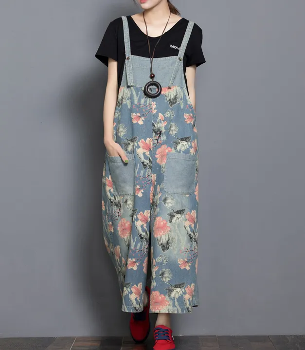 Floral Loose Denim Casual Spring Denim Overall Women Jumpsuits QY14