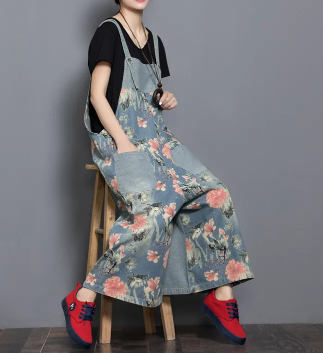 Floral Loose Denim Casual Spring Denim Overall Women Jumpsuits QY14