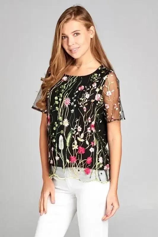 Floral Print Embroidered Top with Sheer Sleeve