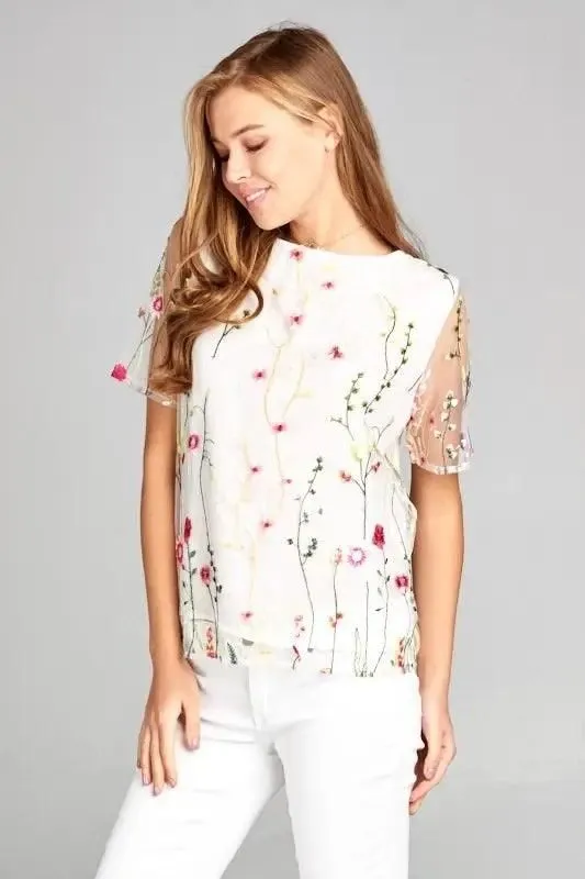 Floral Print Embroidered Top with Sheer Sleeve