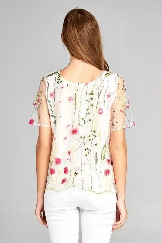 Floral Print Embroidered Top with Sheer Sleeve