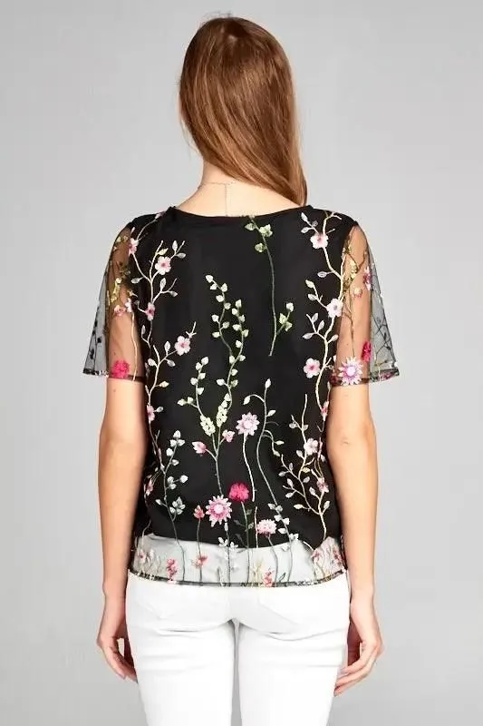 Floral Print Embroidered Top with Sheer Sleeve