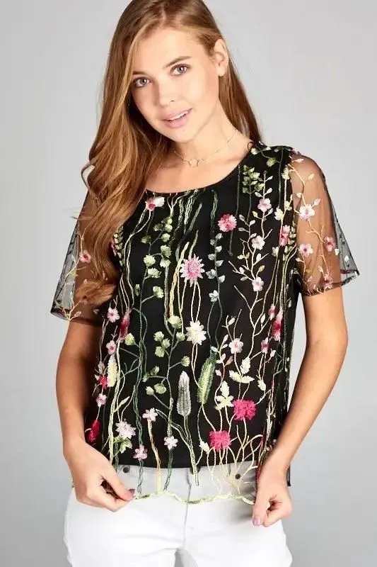 Floral Print Embroidered Top with Sheer Sleeve