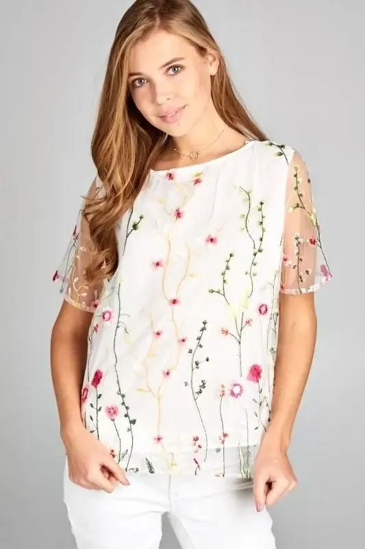 Floral Print Embroidered Top with Sheer Sleeve