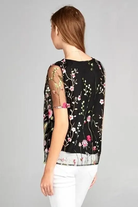 Floral Print Embroidered Top with Sheer Sleeve