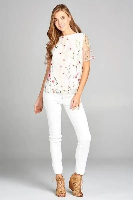 Floral Print Embroidered Top with Sheer Sleeve