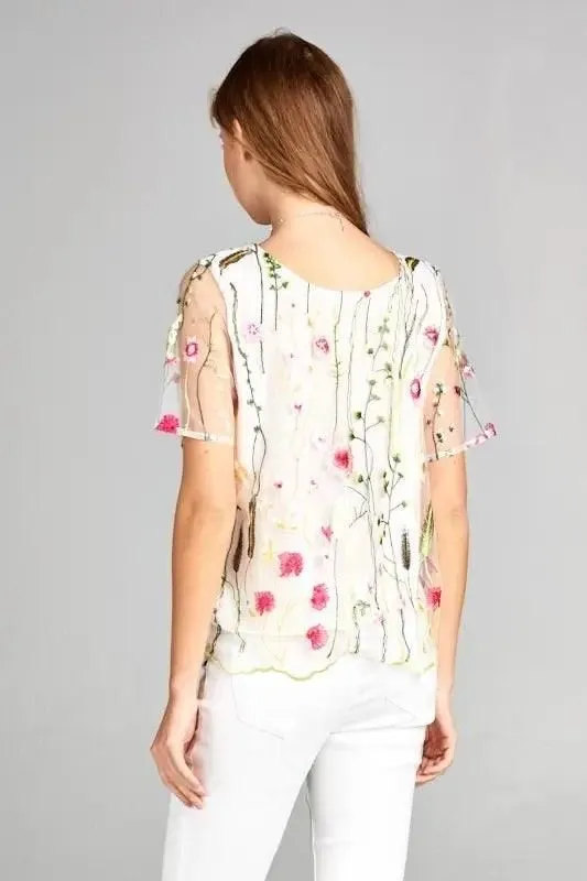 Floral Print Embroidered Top with Sheer Sleeve