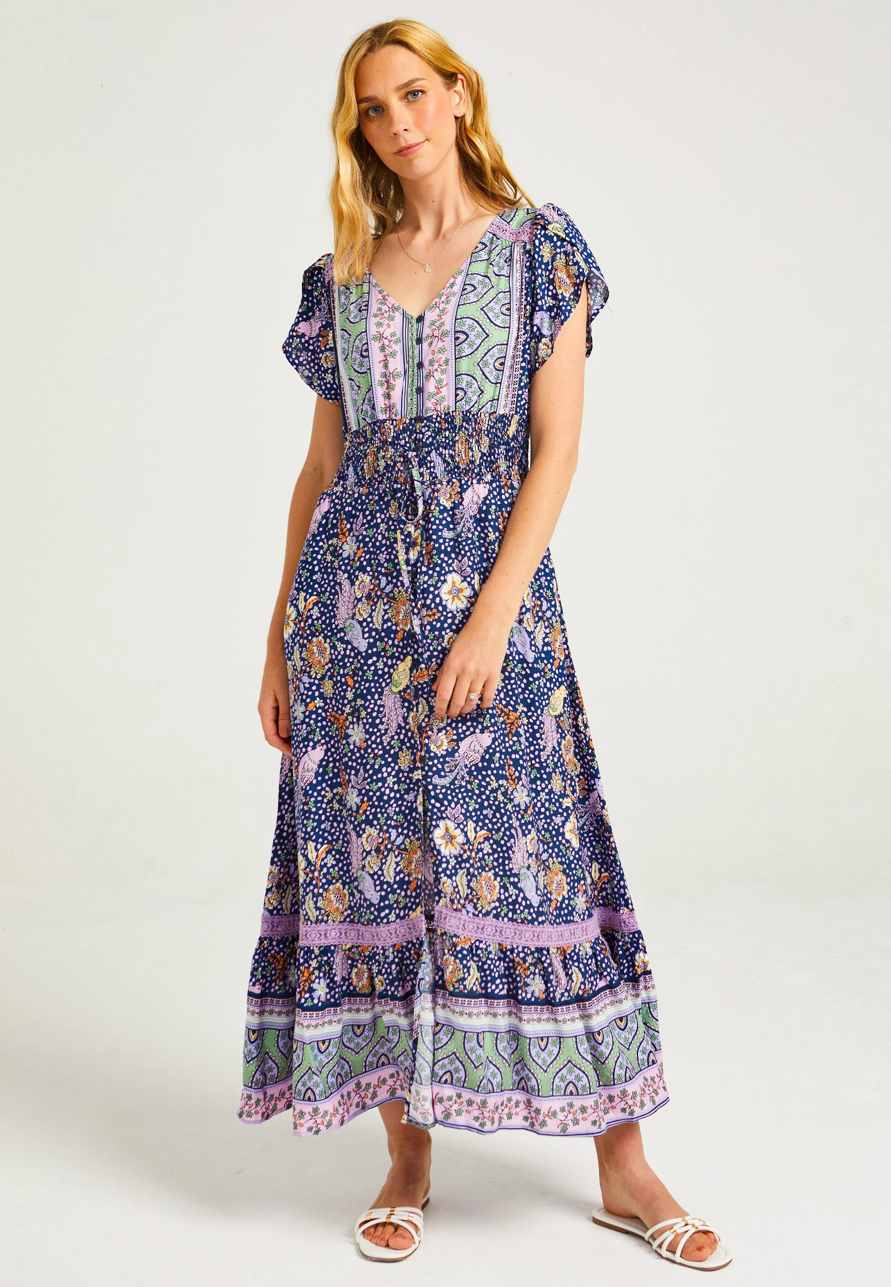 Floral Summer Maxi Dress with Elasticated Waist in Navy