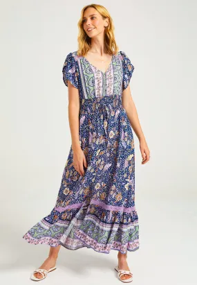 Floral Summer Maxi Dress with Elasticated Waist in Navy