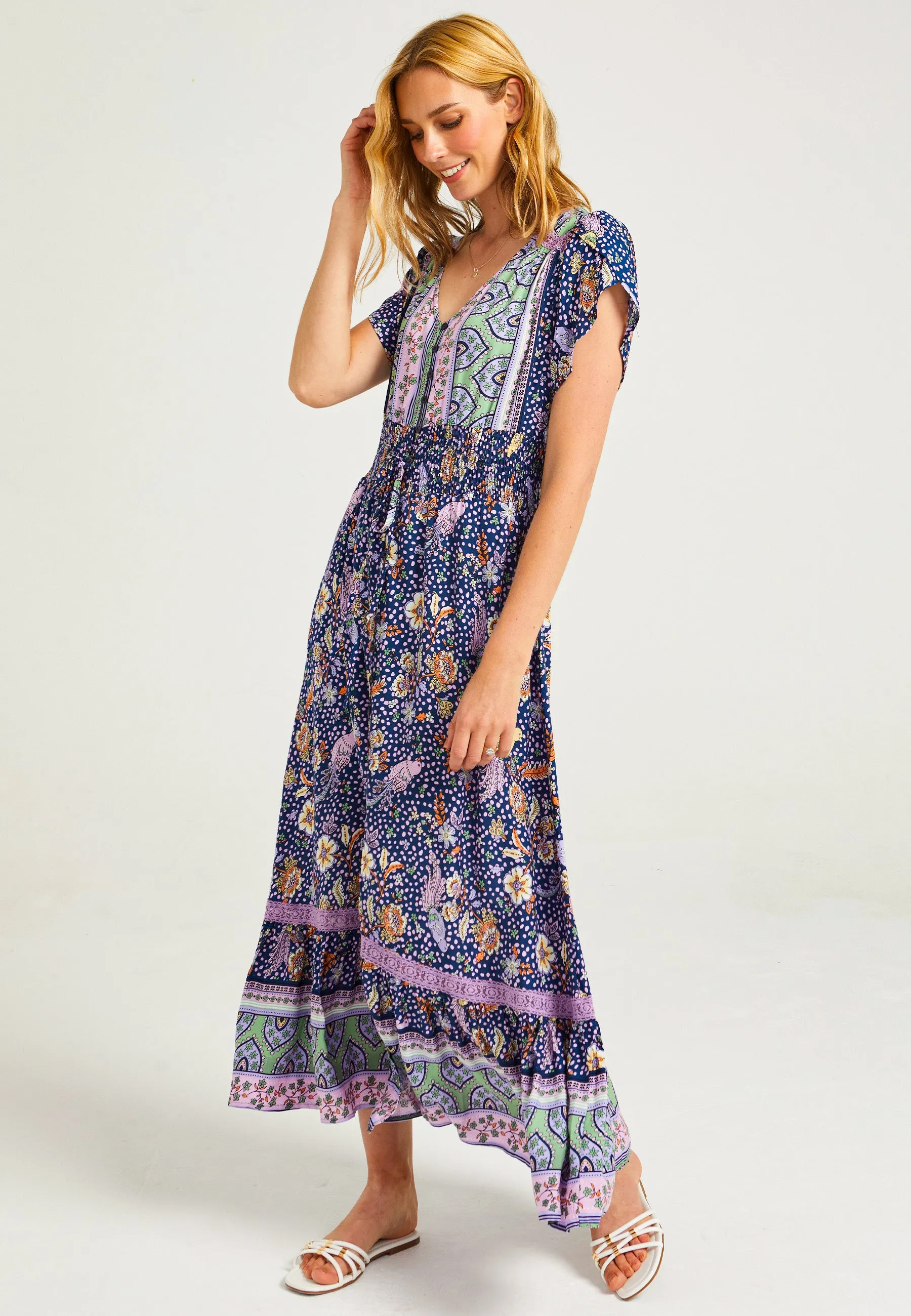 Floral Summer Maxi Dress with Elasticated Waist in Navy