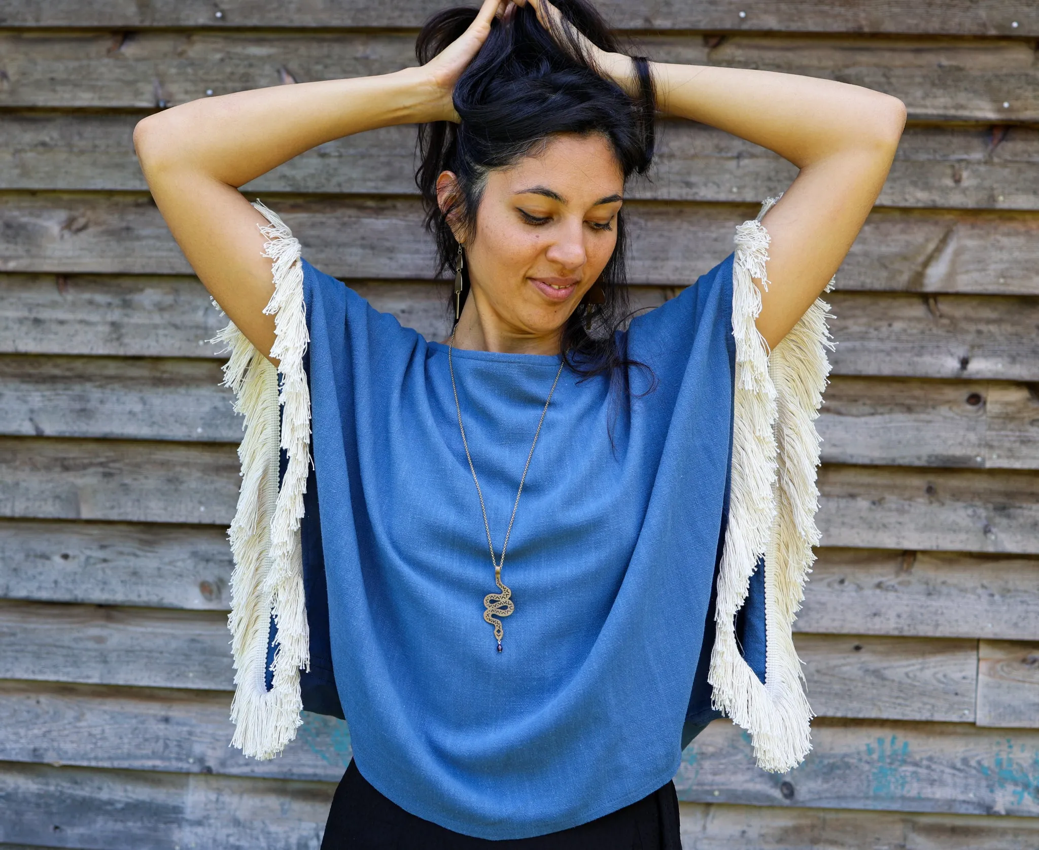 Fringed Poncho Top - Denim Blue