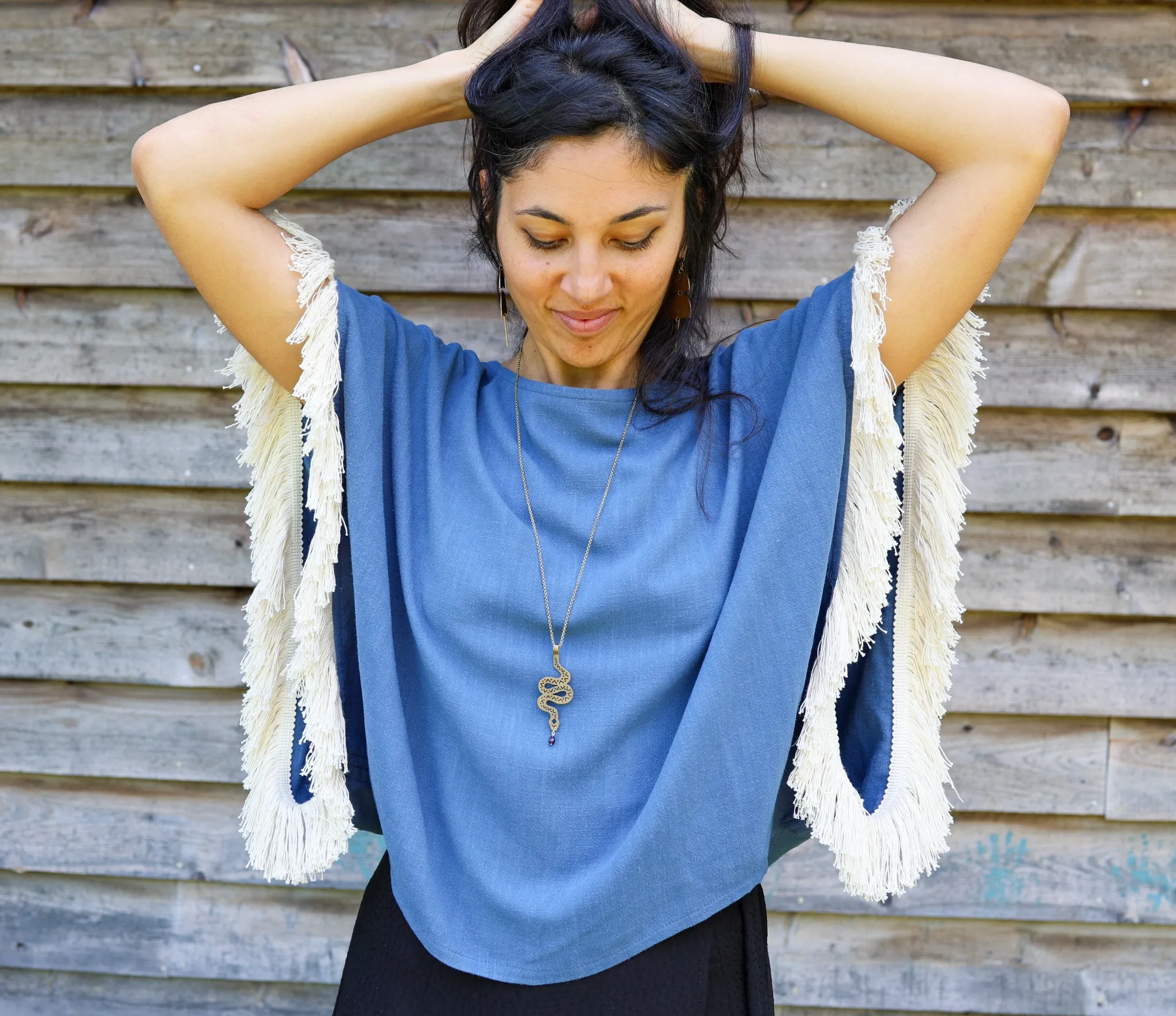 Fringed Poncho Top - Denim Blue