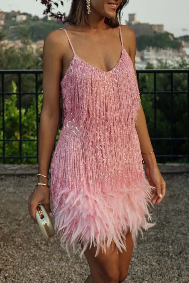 Fringed sequined Feather-paneled Gown Dress